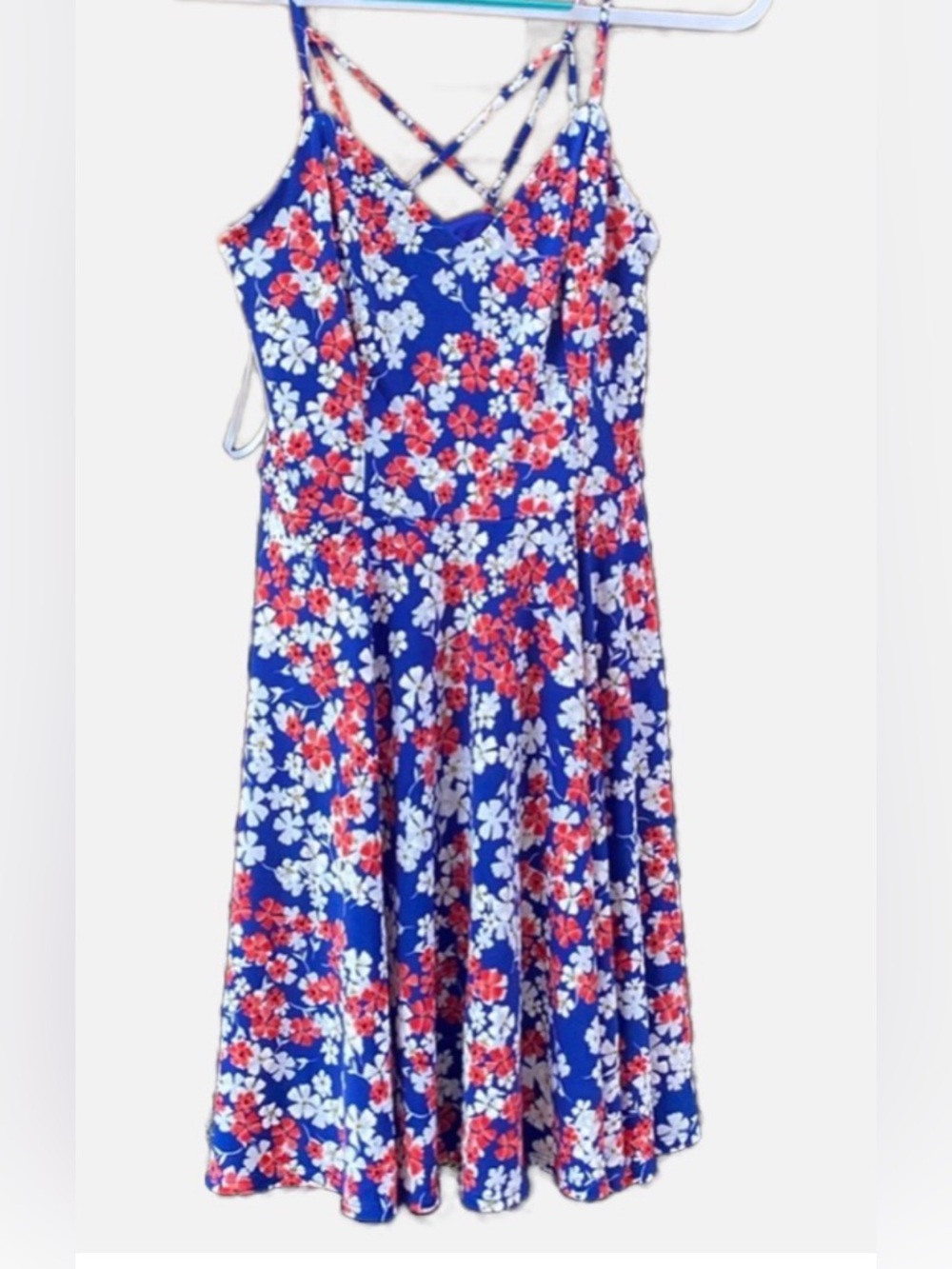 The General Good floral blue red white spaghetti strap sundress fit and flare